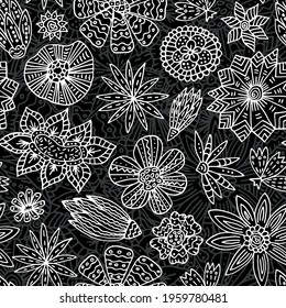 Seamless pattern of strange flowers  6 in doodle style. White silhouettes of flowers on black. Isolated vector stock illustration EPS 10.