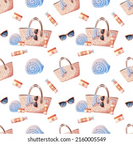 Seamless pattern with straw bag, glasses, towel, sunscreen. Seamless texture, summer, beach ornament.Suitable for textiles, paper, wallpaper