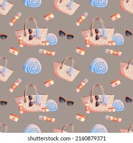 Seamless pattern with straw bag, glasses, towel, sunscreen. Seamless texture, summer, beach ornament.Suitable for textiles, paper, wallpaper