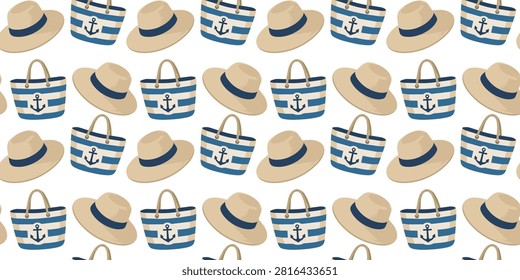 seamless pattern with straw hat and beach bag for coastal summer background