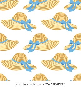 Seamless pattern with straw hat and blue ribbon. Vector flat background of headgear