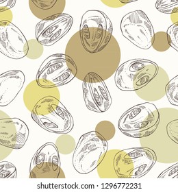 Seamless pattern with straw mushroom: Cao Gu mushroom and a bit of volvariella volvacea. Mushroom. Vector hand drawn illustration