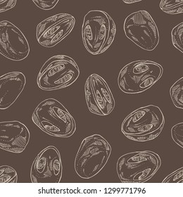 Seamless pattern with straw mushroom: Cao Gu mushroom and a bit of volvariella volvacea. Mushroom. Vector hand drawn illustration