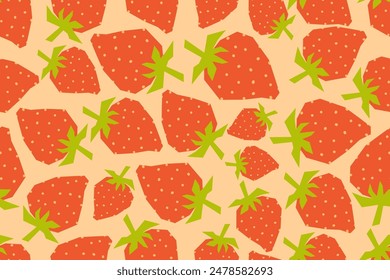 Seamless pattern with strawberries. Abstract naive berries in flat style on pink background. Summer fruit print. Vector illustration.