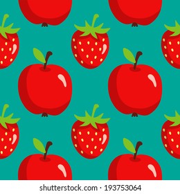 Seamless pattern with strawberries and apples on green background. Endless print texture. Food. Fruit. Berry. Simple. Cartoon hand drawing illustration - vector 