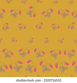 Seamless pattern with strawberries arranged in rows on mustard yellow background. Hand drawn vector illustration.