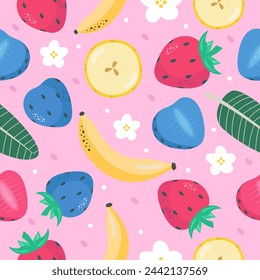Seamless pattern with strawberries and bananas. Colorful tropical fruit texture. Hand- drawn vector illustration.
