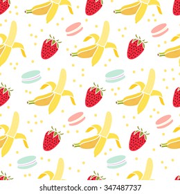 Seamless pattern with strawberries, bananas, macaroon  on the white background. Print for curtains, fabric, invation and etc.Vector. 