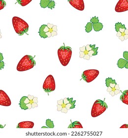 Seamless pattern with strawberries, berries and flowers. Sweet food repeat fabric background. organic fruits.