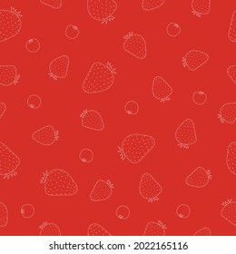 Seamless pattern of strawberries and blackberries. Line art. White fruit on red background. Vector illustration