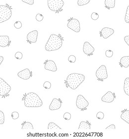 Patrón sin foco de fresas y moras. Arte de línea. Frutos negros sobre fondo blanco. Ilustración del vector
