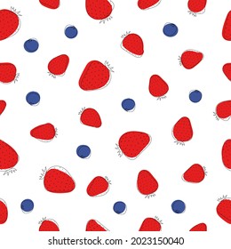 Seamless pattern of strawberries and blackberries. Line art. Colorful fruit on white background. Vector illustration
