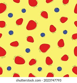 Patrón sin foco de fresas y moras. Arte de línea. Frutos coloridos sobre fondo amarillo. Ilustración del vector