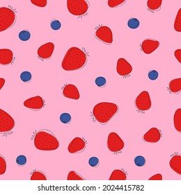 Seamless pattern of strawberries and blackberries. Line art. Colorful fruit on pink background. Vector illustration