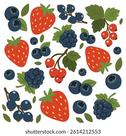 Seamless pattern with strawberries, blueberries, blackberries, and red currants. Bright cartoon style with green leaves on a white background.