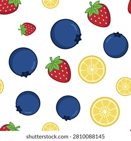 Seamless Pattern with Strawberries Blueberries and Lemon Slices Vector Illustration