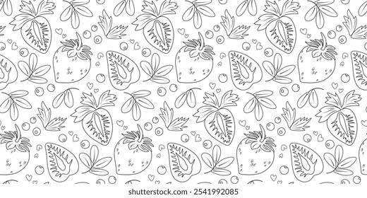 Padrão contínuo de morangos e folhas de mirtilo doodle fundo branco estilo. Livro de cores de padrão editável vetorial. Design de plantas, nutrição adequada, ecologia, natureza, embalagem, papel, roupas