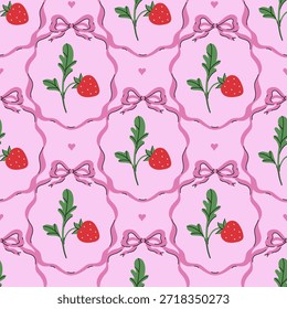 Patrón sin fisuras con fresas y lazos sobre un fondo rosa. Gráficos de Vector.
