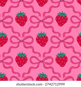 Seamless pattern with strawberries and bows on a pink background. Vector graphics.