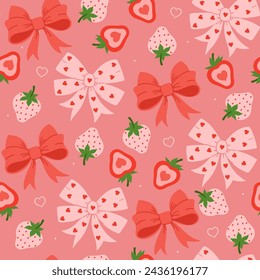 Seamless pattern with strawberries and bows. Vector graphics.