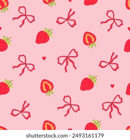 Seamless pattern with strawberries and bows. Vector graphics