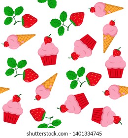 Seamless pattern with strawberries, cakes and ice cream. Bright sweet elements on white or transpaent background.