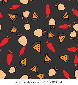Seamless pattern with strawberries, carrots, watermelons with black background. Designs for textiles, posters, labels. Vector illustration