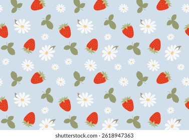 Seamless pattern with strawberries and chamomile on a blue background. Delicate summer background. Print for wallpaper, web, textile, printing on fabric, paper, packaging, scrapbooking and cards.