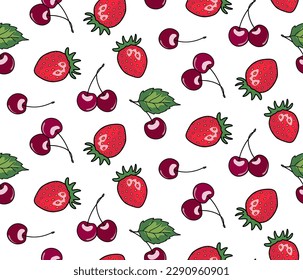 A seamless pattern with strawberries and cherries.