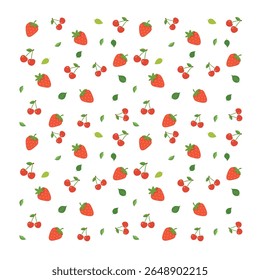 Seamless pattern with strawberries, cherries, and green leaves on a transparent background. Colorful fruit design in flat style. Great for fabric, packaging, wrapping, and summer food projects.