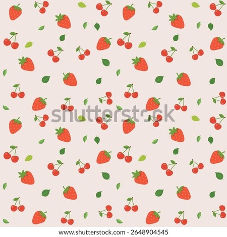 Seamless pattern with strawberries, cherries and green leaves on a light background. Colorful fruit design in flat style. Great for fabrics, packaging, wrapping and summer food projects.