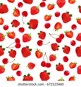 Seamless pattern with strawberries and cherries. Hand drawn design. Vector summer fruit illustration on white background