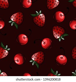 seamless pattern with strawberries and cherries.   Illustration in style of hand drawing. Seamless vector pattern. Berry - cherry, strawberry on white background. Endless texture with cartoon food.