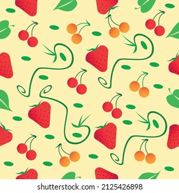 Seamless pattern with strawberries. Pattern with cherries and strawberries on a  beige background for a good mood.
