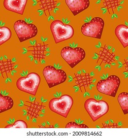 Seamless pattern with a pattern of strawberries. A child-friendly drawing design with cute strawberry berries and strawberry slices.