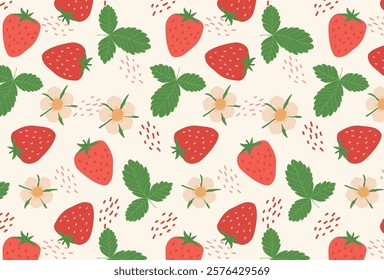 Seamless pattern with strawberries. Color vector background with berries, leaves and strawberry flowers. Suitable for printing on fabric, paper, gift wrapping, postcards.