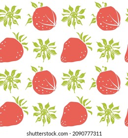 Seamless pattern with strawberries. Colorful paper cut collection of wild and garden berries and leaves in  style isolated on white background. Doodle hand drawn vector illustration