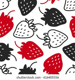 Seamless pattern with strawberries. Contrast - black, white and red, silhouette and line. Graphic. Hand drawn. Vector illustration.