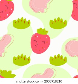 Seamless pattern with strawberries and crowns of leaves on a white background with green spots.