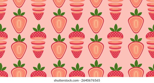 Seamless pattern with strawberries. Cut and halved strawberries with green leaves on top on pink background