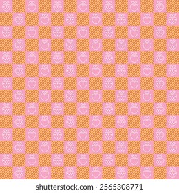 Seamless pattern with strawberries and cute peach with geometric shapes. Bauhaus style decorative pattern. Summer concept. EPS10