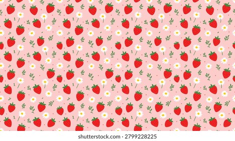 Seamless pattern with strawberries and daisy flowers on a pink background. Cute summer fruit print for fabric, textile, wrapping paper, wallpaper.