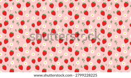 Seamless pattern with strawberries and daisy flowers on a pink background. Cute summer fruit print for fabric, textile, wrapping paper, wallpaper.