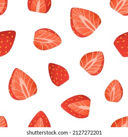 Seamless pattern with strawberries. Endless background with red berries, repeating print for textile, wrapping, decoration. Fresh fruit pieces on white backdrop. Colored flat vector illustration