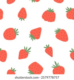 Seamless pattern strawberries. Fabric print Juicy berries. Repeat texture with delicious vegan dessert food. Cute wallpaper with garden fruit crop. Charming red white background. Strawberry ornament.