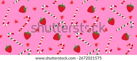 Seamless pattern of strawberries, festive candy canes, and cute small hearts,  a playful, sweet, and cheerful theme on a pink background. Seasonal holiday design for Valentines day or Christmas