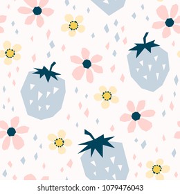 seamless pattern with strawberries and flowers