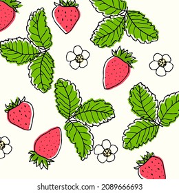 Seamless pattern of strawberries and flowers