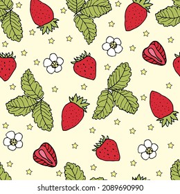 Seamless pattern of strawberries and flowers