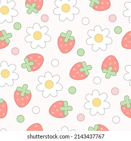 Seamless pattern of strawberries with flowers.